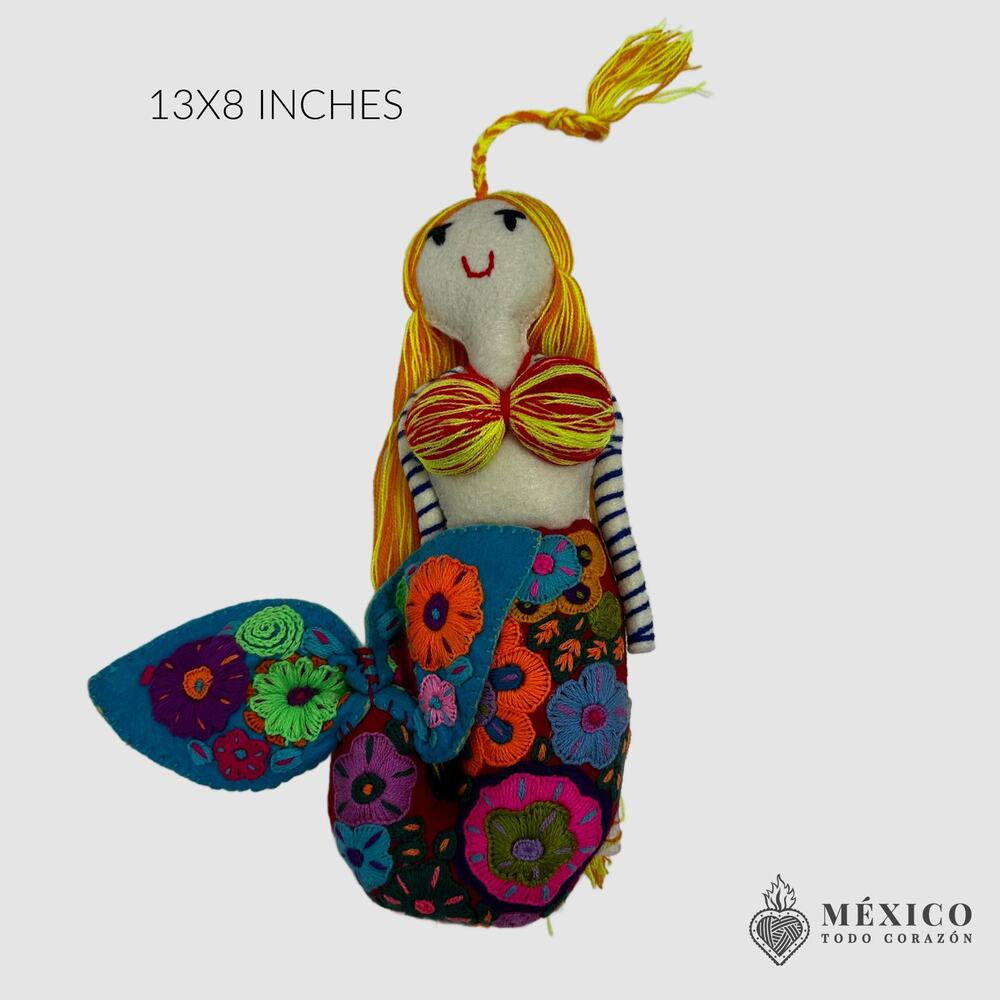 Mexican hand embroidered Mermaid shape decorative pillow  doll 13 x 8 inches